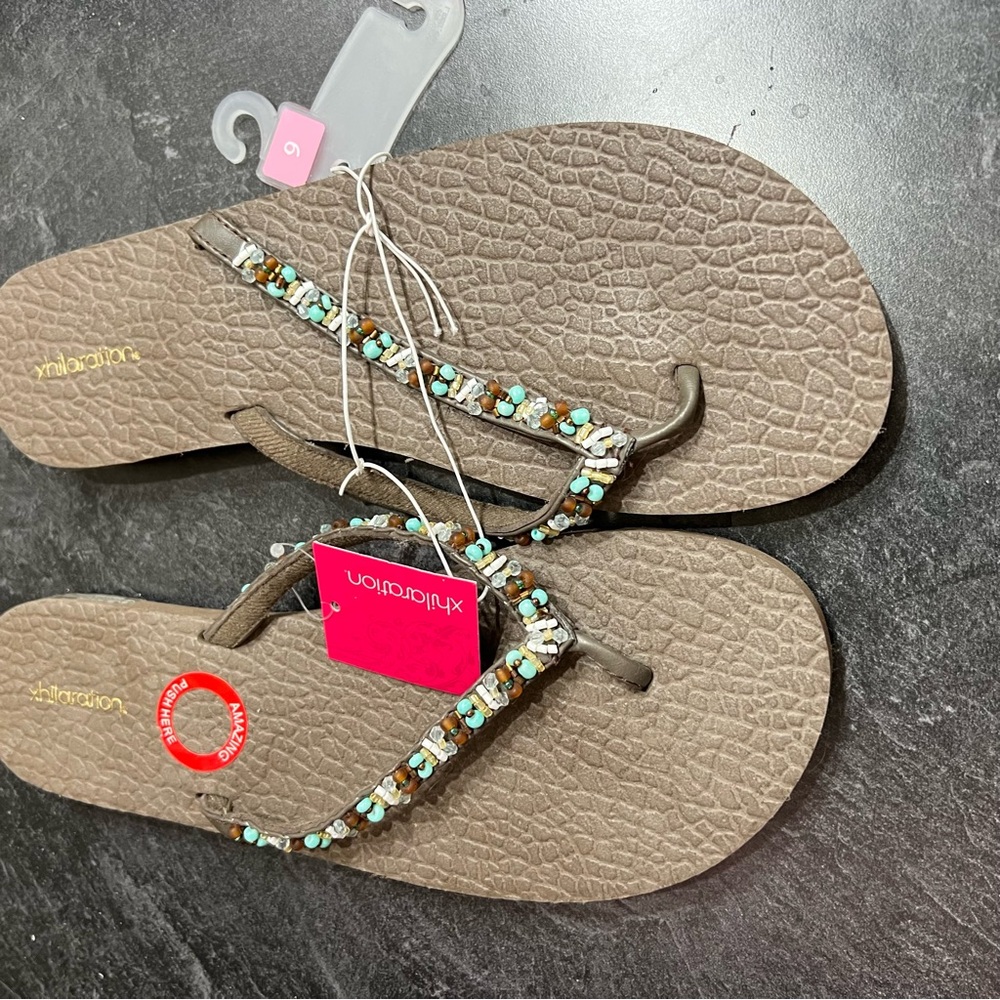 Xhilaration Tan Beaded Women's 9 Sandals Flip Flop Hippie Boho NWT